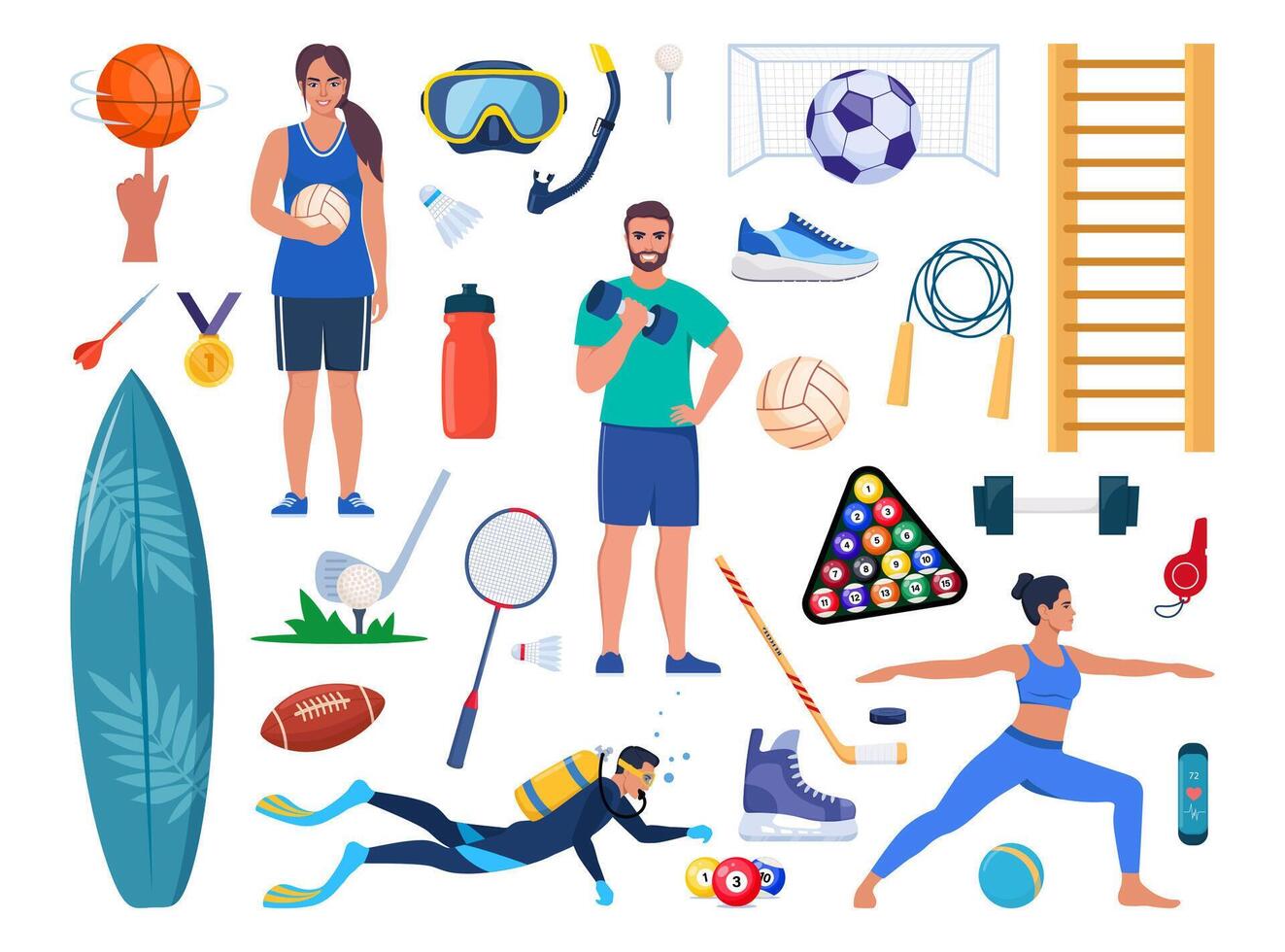 sport uitrusting en sporters set. divers soort van sport werkzaamheid. sterkte opleiding, wielersport, yoga, basketbal, duiken, surfen. vector illustratie.