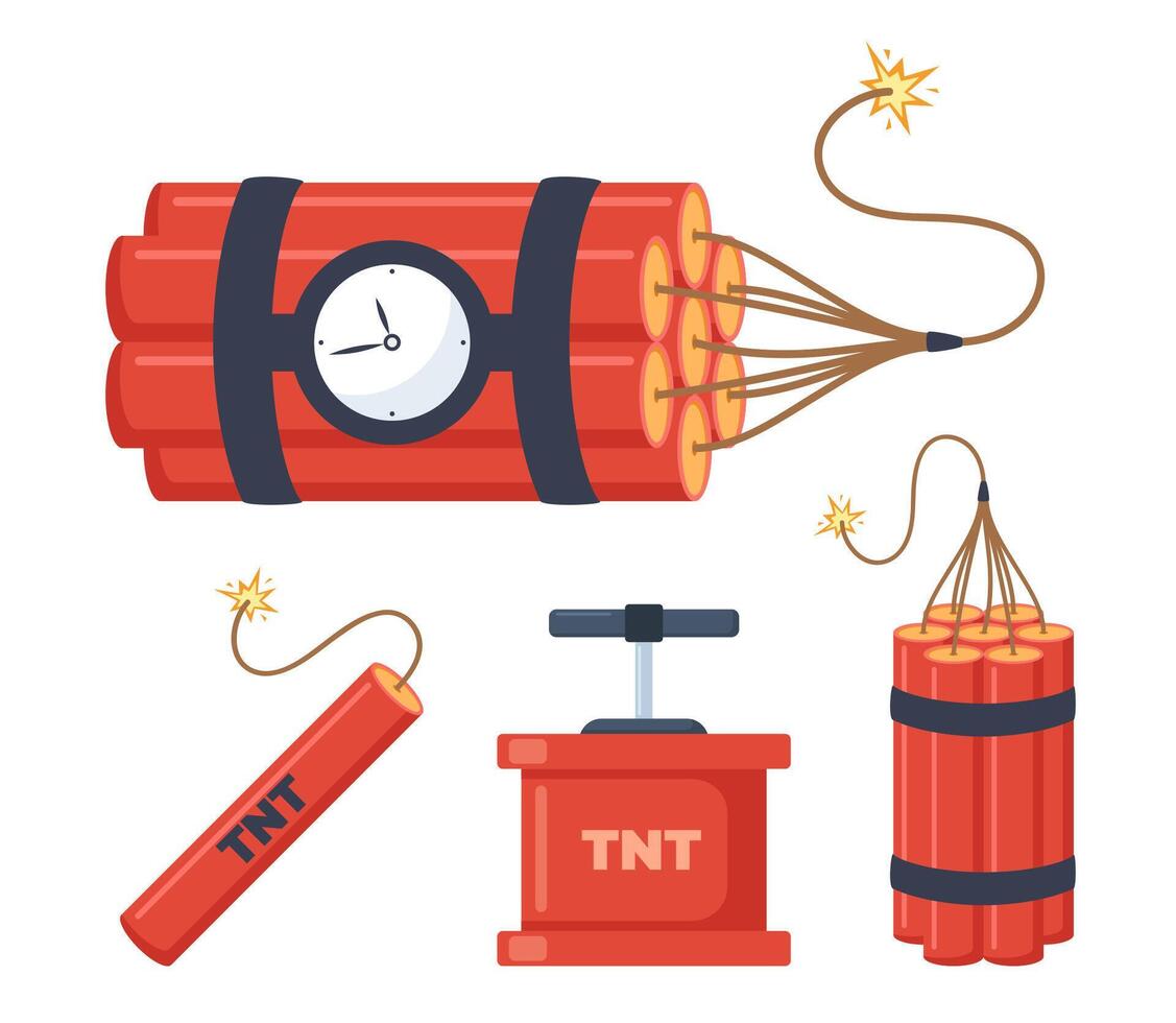 dynamiet stokken, set. rood stokjes met brandend zekeringen en explosie tijdopnemer. trinitrotolueen explosief voorwerp pictogrammen. vector illustratie.