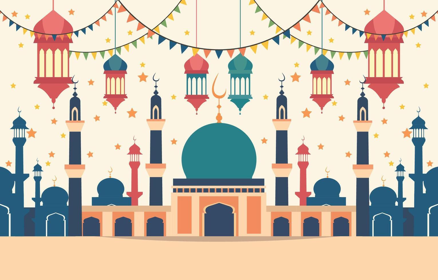 moskee en lantaarn Islamitisch eid al fitr festival kaart vector