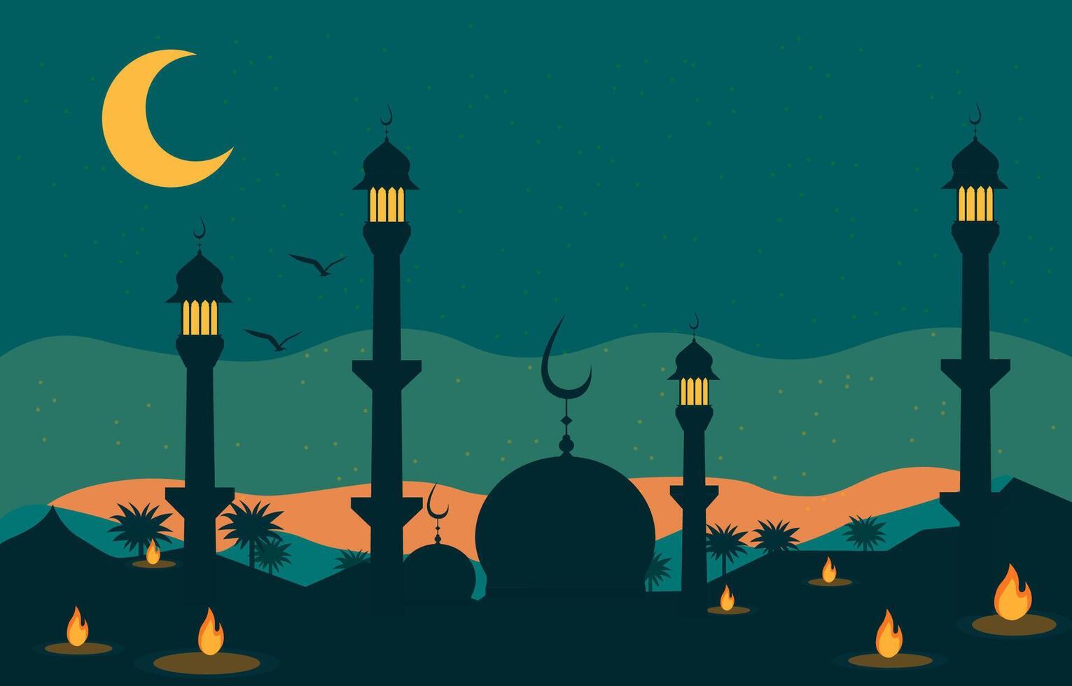 Islamitisch moskee eid al fitr festival kaart in nacht lucht vector