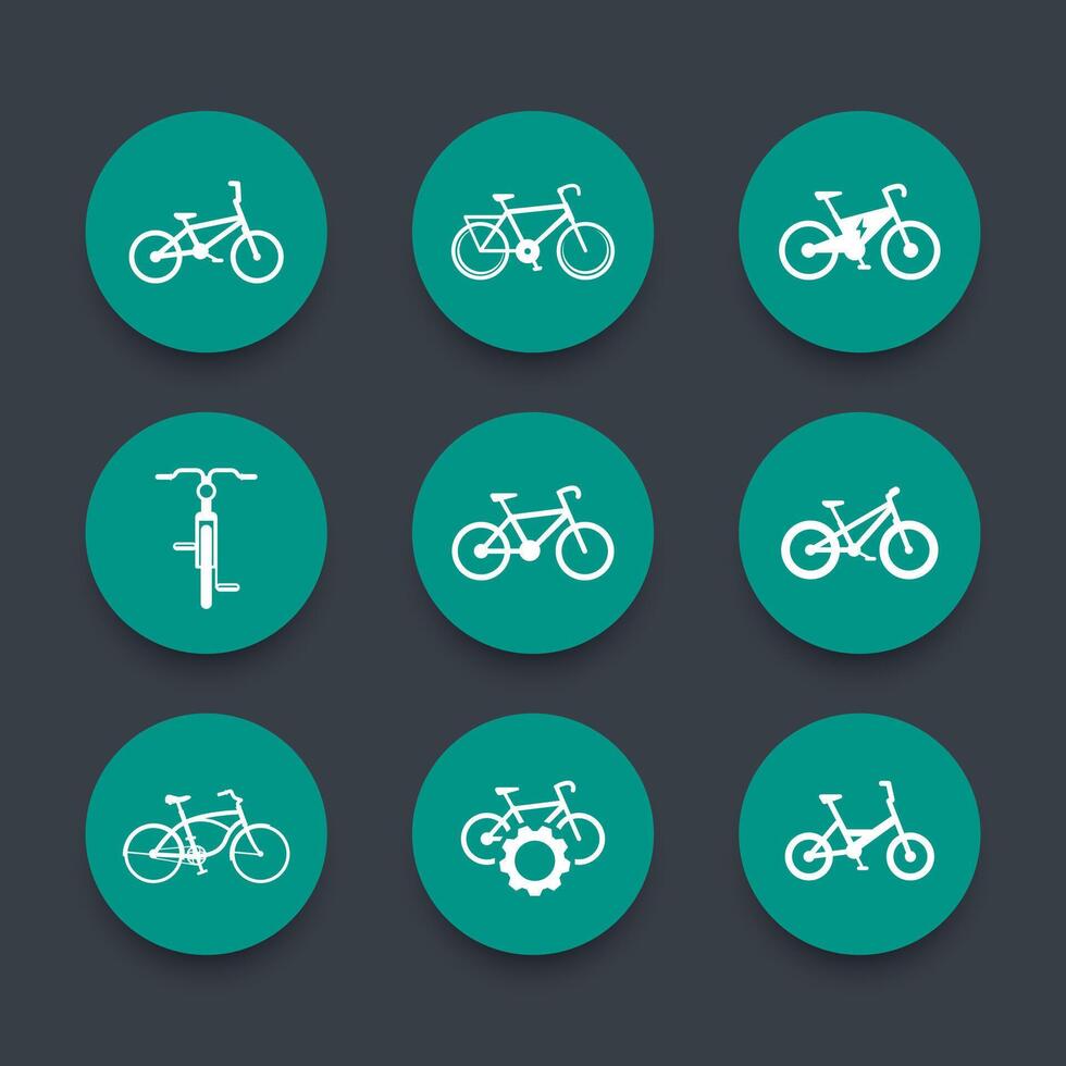 fiets, wielersport, fiets, elektrisch fiets, dikke fiets ronde groen pictogrammen set, vector illustratie