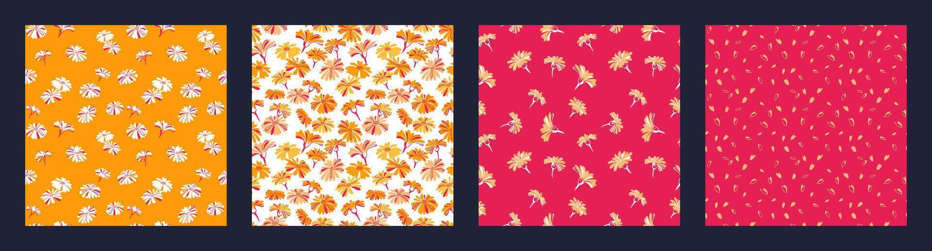 collage zomer abstract gestileerde geel bloemen en bloemknoppen reeks naadloos patronen. vector hand- getrokken schetsen. creatief gemakkelijk willekeurig vlekken, polka dots het drukken Aan een rood achtergrond.sjablonen voor ontwerp