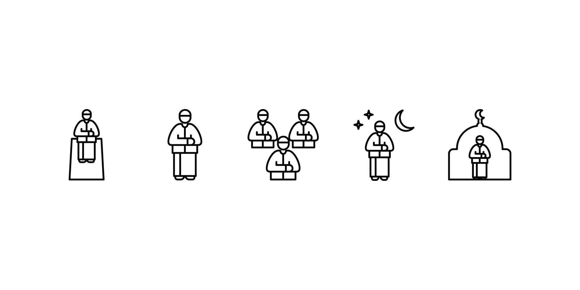 verzameling van pictogrammen forshalat, gebed, individu gebed, gemeentelijk gebed en avond gebed. vector illustratie van moslim Ramadan geïsoleerd Aan een wit achtergrond.
