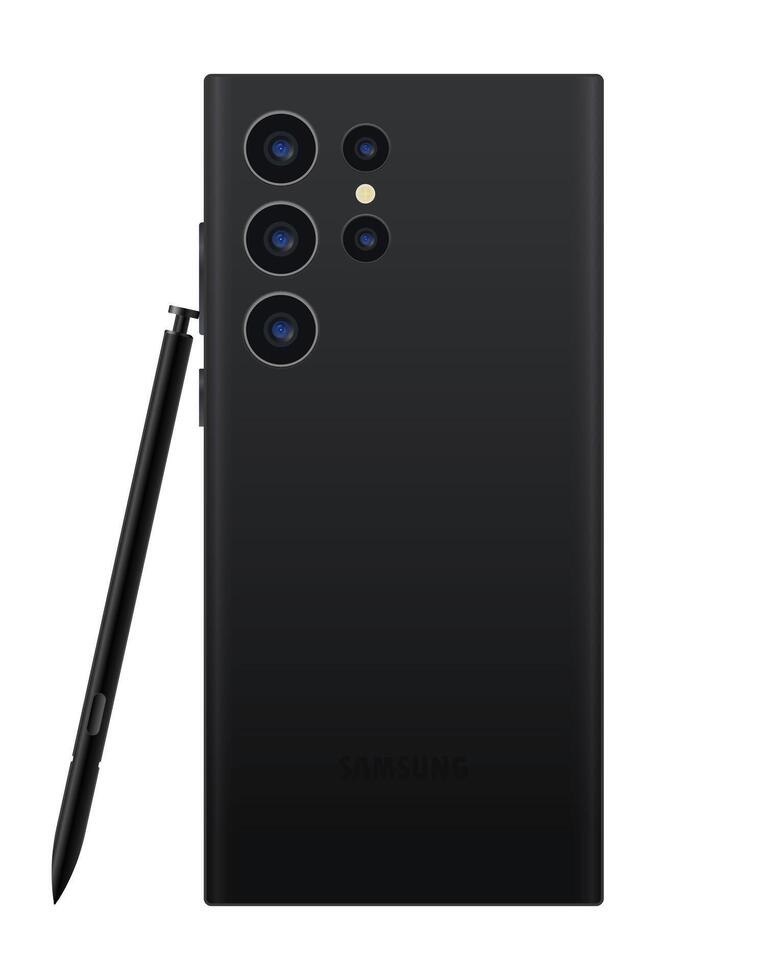 Samsung heelal s23 ultra. officieel presentatie van de nieuw vlaggenschip. nieuw generatie smartphone. telefoon met ingebouwd naald. zwart kleur. origineel behang Aan de scherm. redactioneel vector