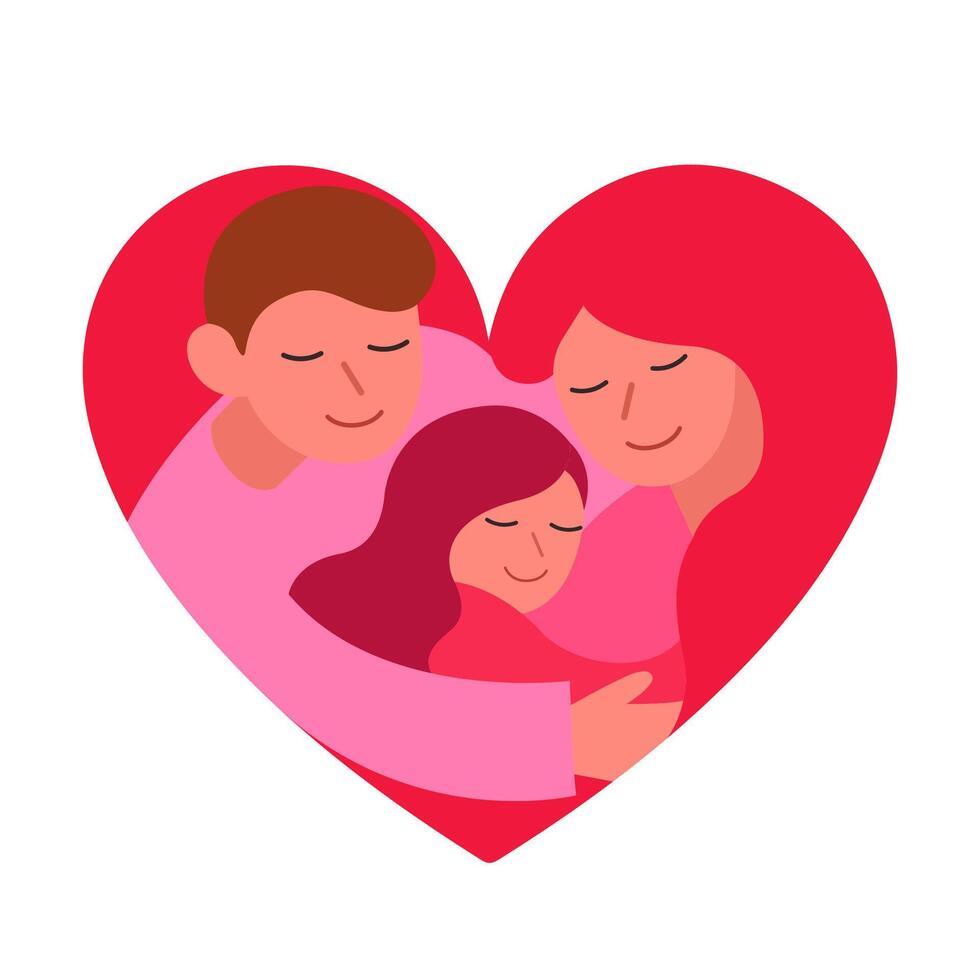 mam vader en dochter knuffelen in hart vorm doorlopend lijn tekening, geluk familie concept in hart vorm doorlopend lijn tekening vector illustratie
