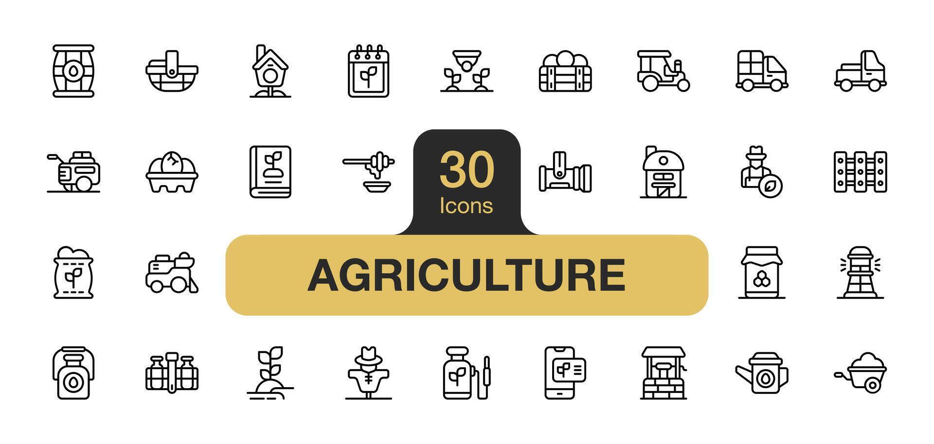 reeks van 30 landbouw icoon element stelt. omvat boer, bestelwagen, plant, tas, melk, paard, en meer. schets pictogrammen vector verzameling.