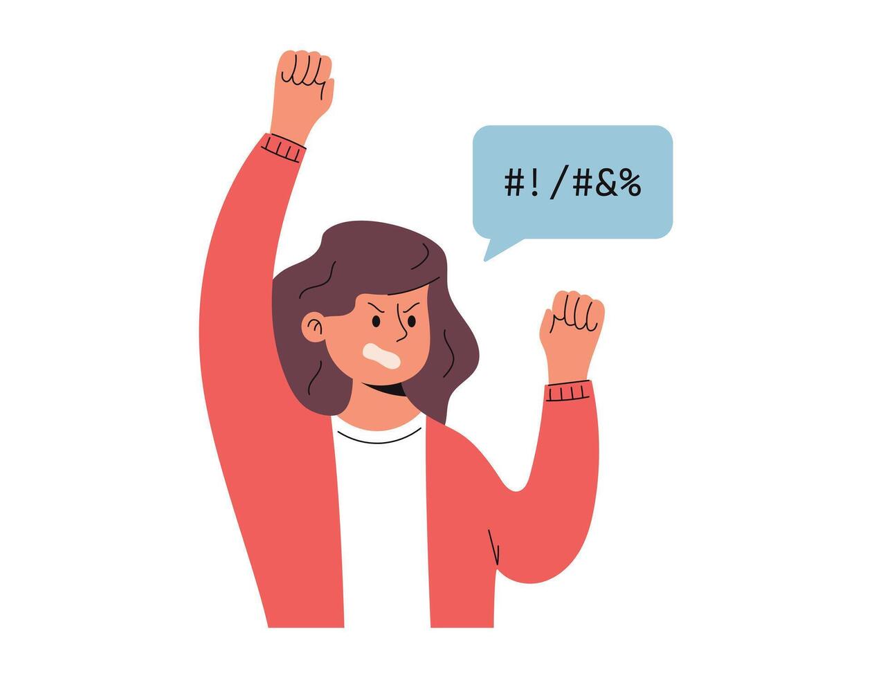 boos vrouw protesteren Bij een politiek ontmoeting, feministisch meisje. een meisje geschreeuw obsceniteiten en golvend haar armen. vector geïsoleerd vlak illustratie.