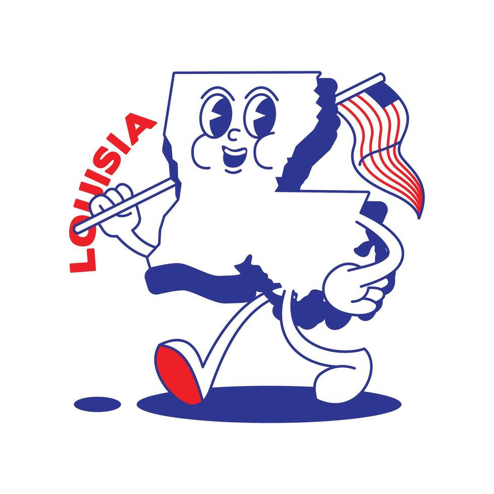 Louisia staat retro mascotte met hand- en voet klem kunst. Verenigde Staten van Amerika kaart retro tekenfilm stickers met grappig grappig tekens en gehandschoende handen. vector sjabloon voor website, ontwerp, omslag, infographics.