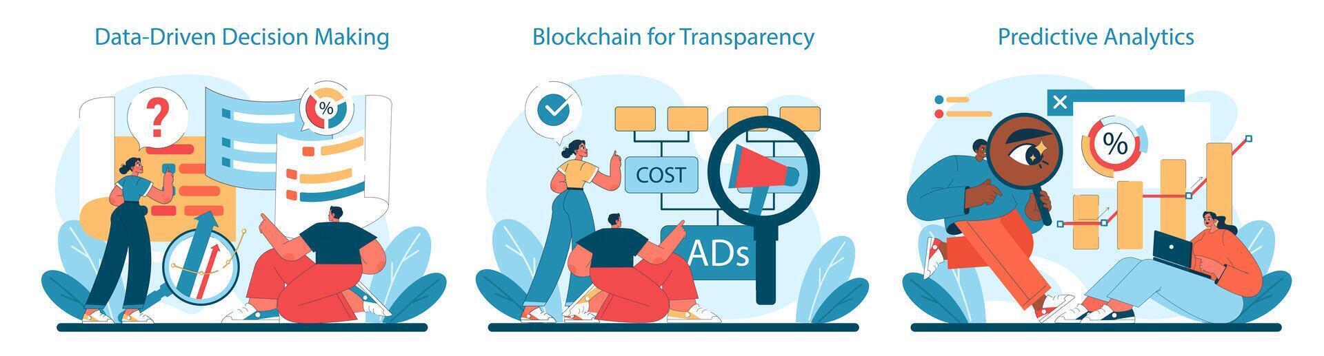 datagedreven, voorspellend analyse en blockchain set. gebruik maken van groot gegevens voor beslissingen vector