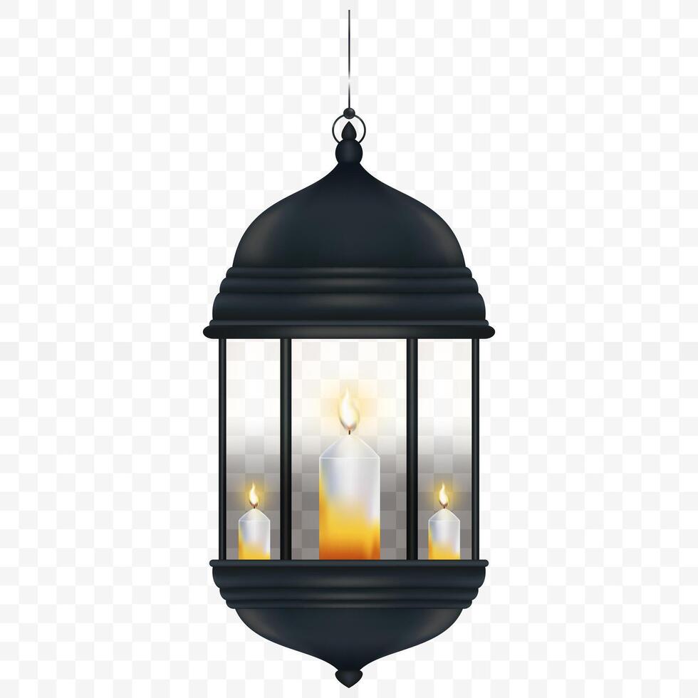 Islamitisch lantaarn met kaars geïsoleerd, zwart wijnoogst lichtgevend lantaarn Arabisch schijnend lampen.vector 3d lamp, element ontwerp voor Ramadan kareem, eid mubarak, eid al fitr, eid adha vector