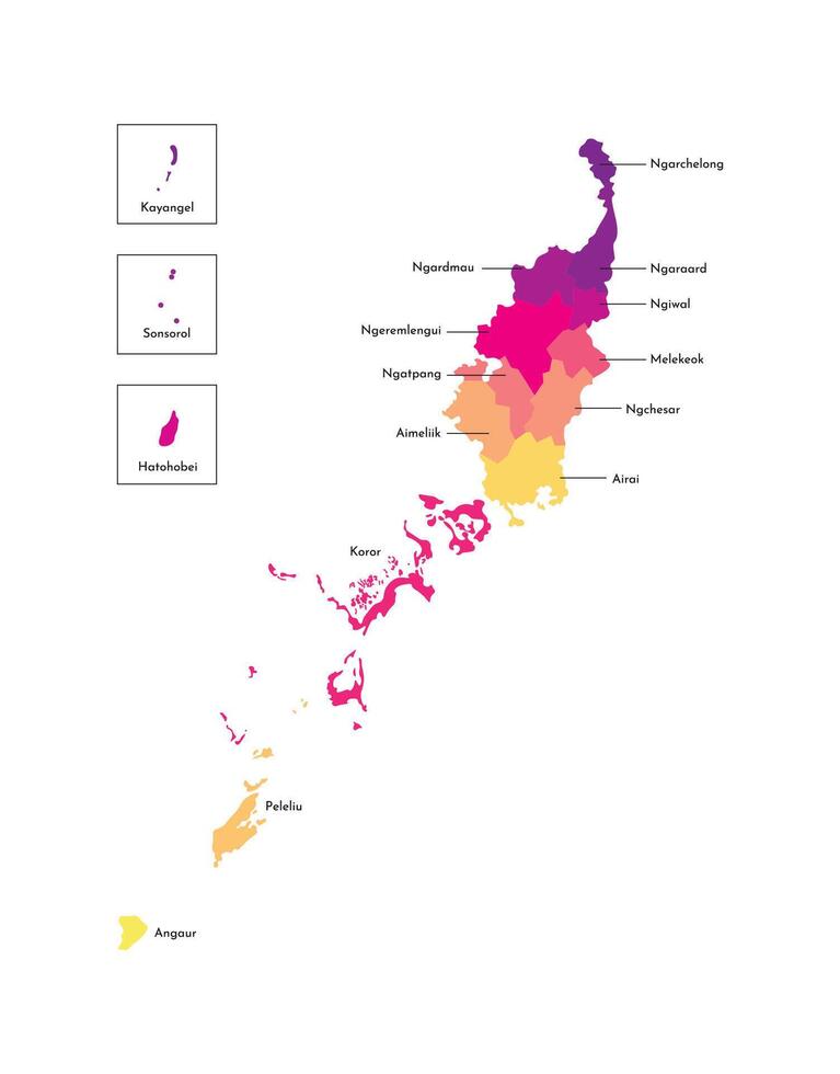 vector geïsoleerd illustratie van vereenvoudigd administratief kaart van paleis. borders en namen van de staten, Regio's. multi gekleurde silhouetten.