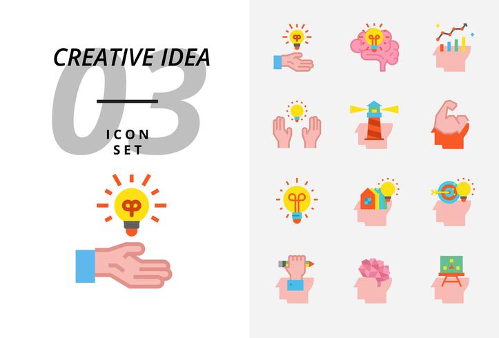 Icon pack voor creatief idee, brainstorm, idee, creatief, lamp, wetenschap, pen, potlood, bedrijf, grafiek, huis, doel, lening, sleutel, raket, hersenen. vector