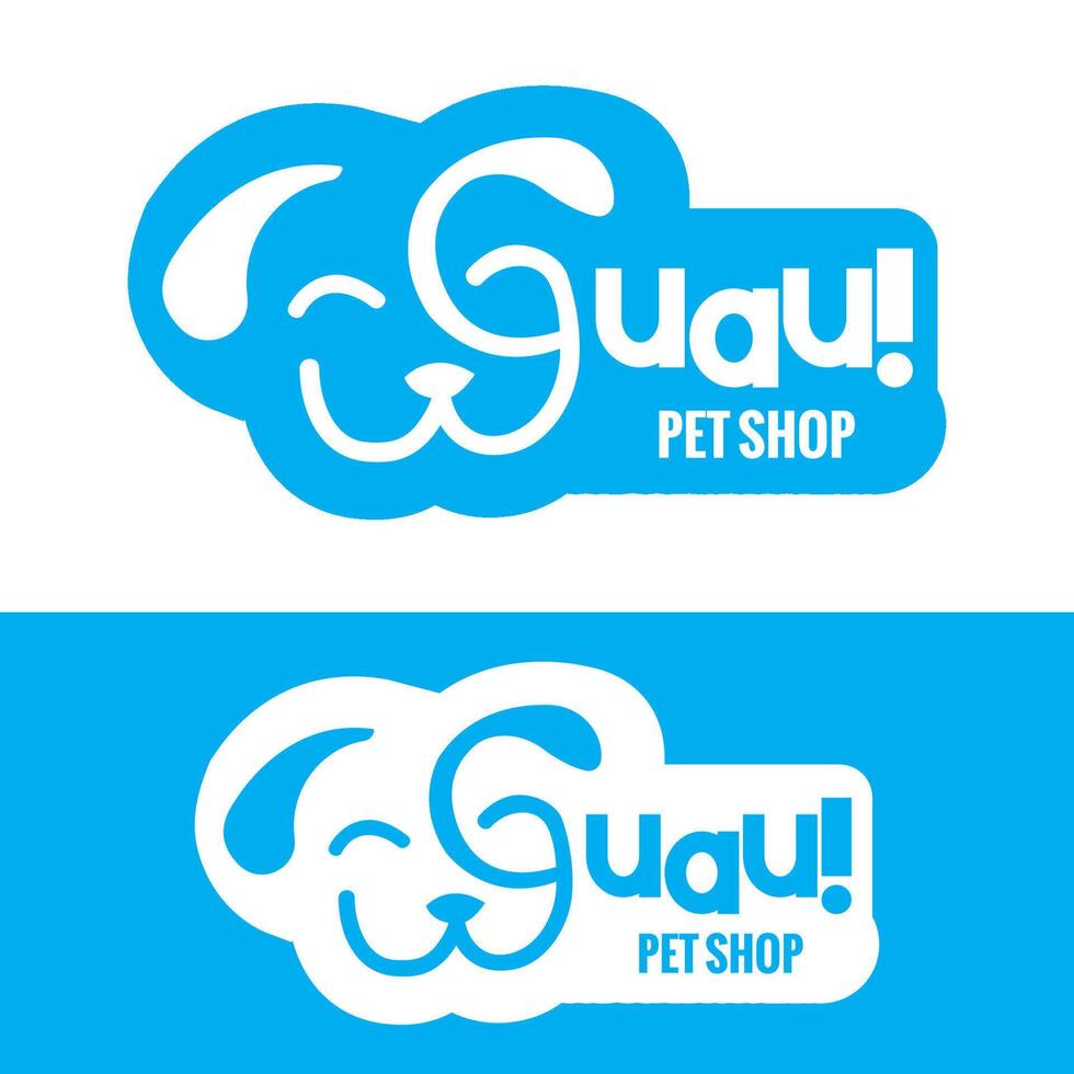 vector huisdier winkel logo ontwerp sjabloon. modern dier icoon etiket voor op te slaan, veterinair kliniek. vlak illustratie achtergrond met hond hoofd vormen woord guau blauw logo
