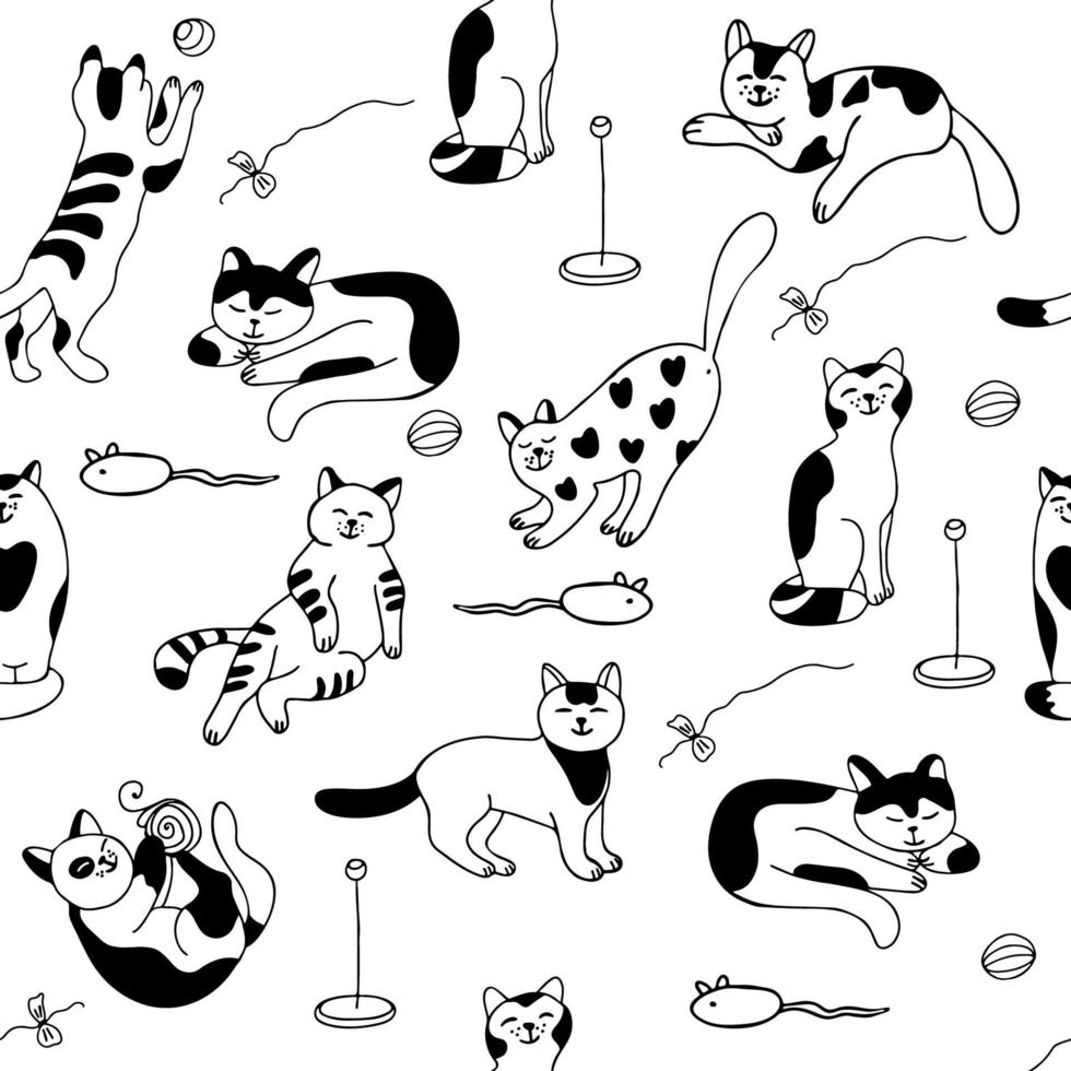 naadloos patroon met schattige katten zonder achtergrond. verschillende poses en gemoederen doodle illustratie vector