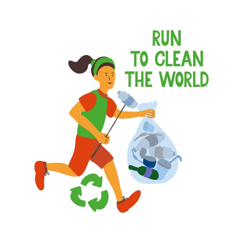 rennen om de wereld schoon te maken. plogging eco-concept. handgetekende letters met een rennend meisje. vector