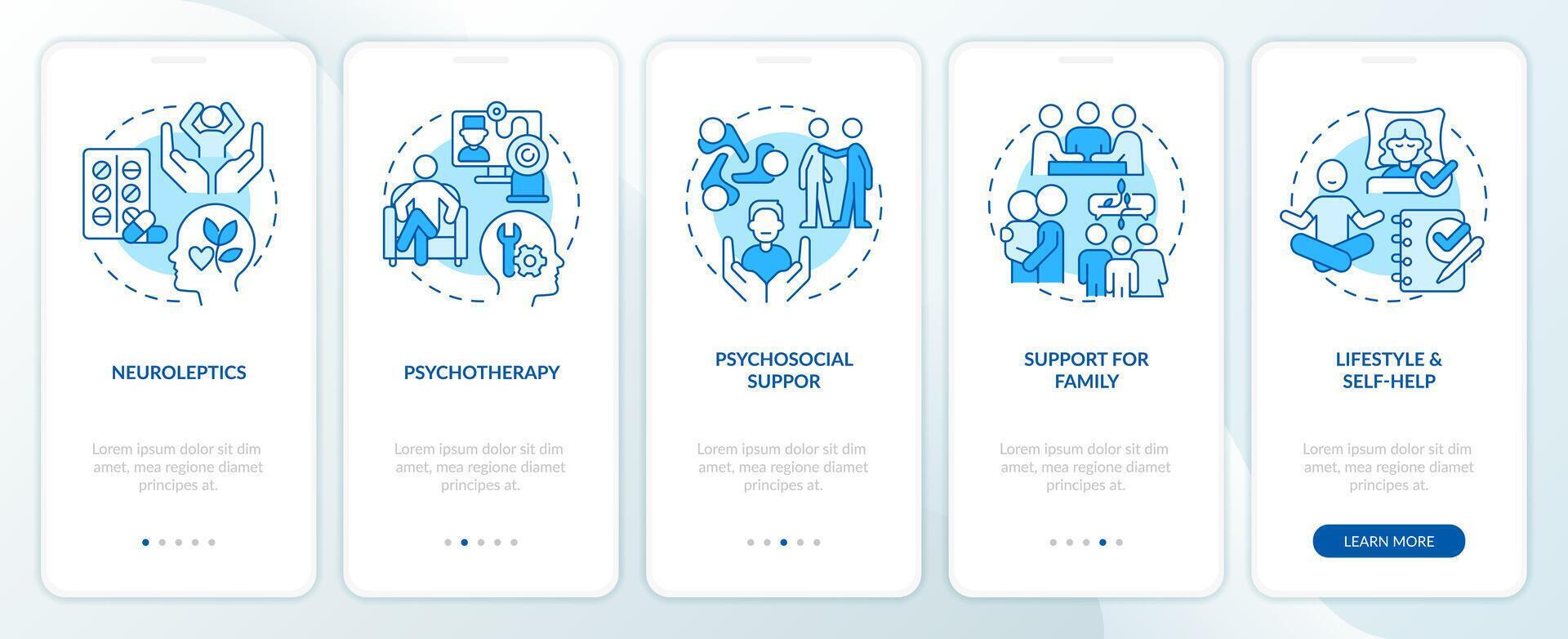 schizofrenie behandeling blauw onboarding mobiel app scherm. walkthrough 5 stappen bewerkbare grafisch instructies met lineair concepten. ui, ux, gui sjabloon vector
