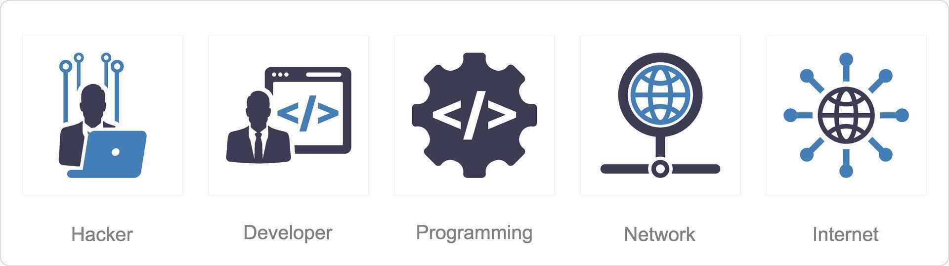 een reeks van 5 internet computer pictogrammen net zo hacker, ontwikkelaar, programmering vector