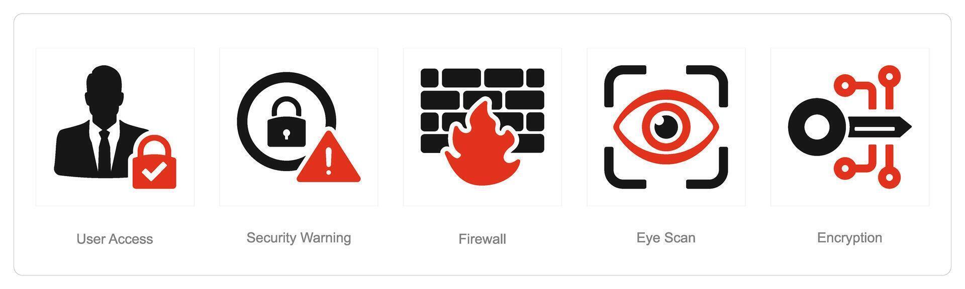 een reeks van 5 cyber veiligheid pictogrammen net zo gebruiker toegang, veiligheid waarschuwing, brandmuur vector