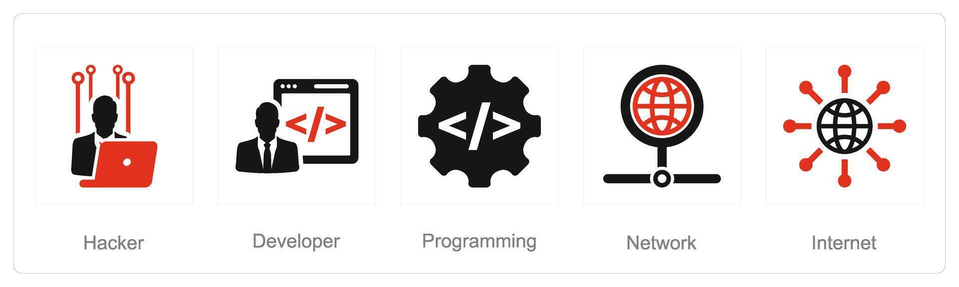 een reeks van 5 internet computer pictogrammen net zo hacker, ontwikkelaar, programmering vector