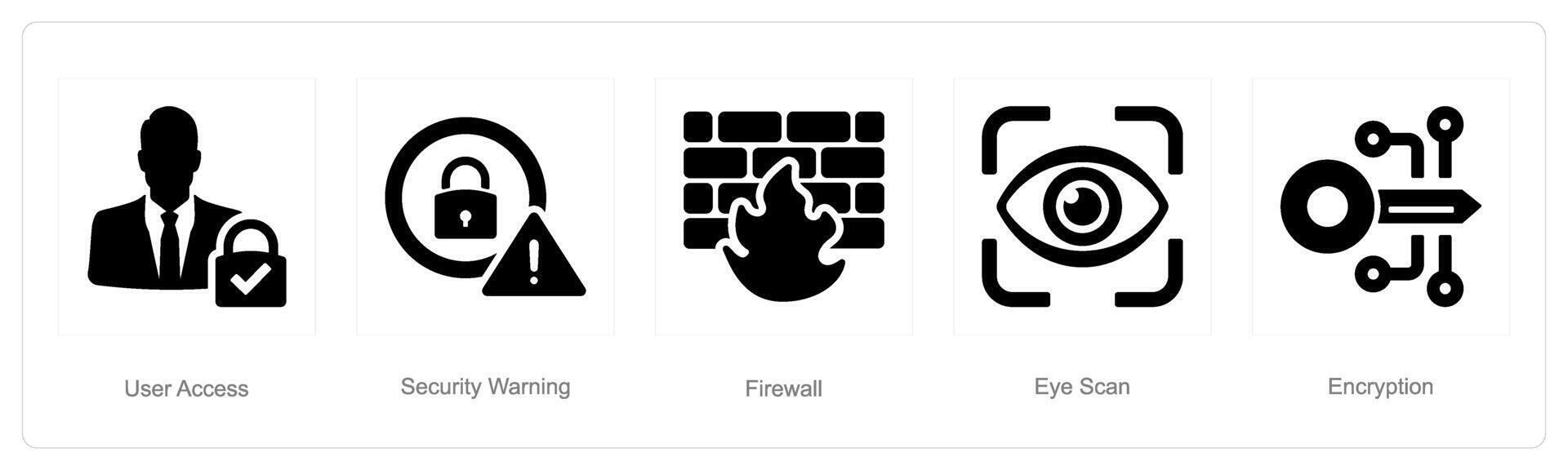 een reeks van 5 cyber veiligheid pictogrammen net zo gebruiker toegang, veiligheid waarschuwing, brandmuur vector