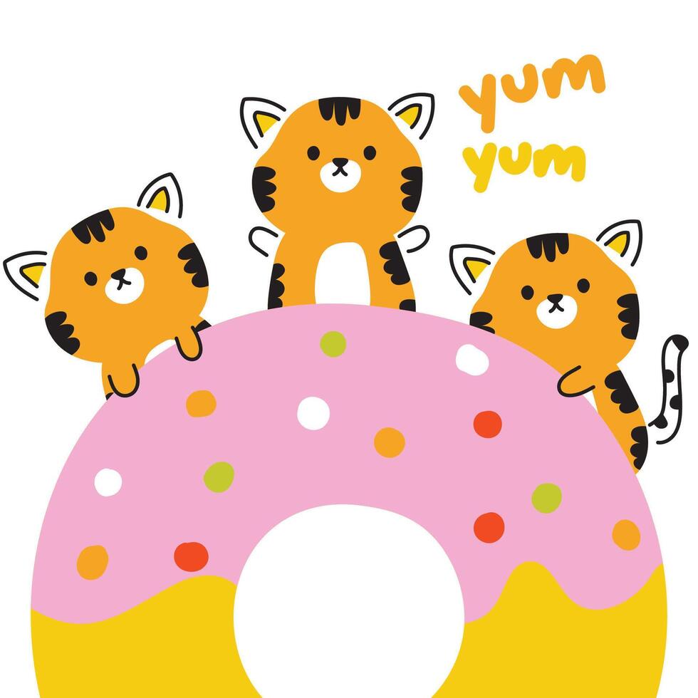 schattig tijger met aardbei donut Aan wit background.line hand- getrokken stijl.wild dier karakter tekenfilm. lief en dessert.kawaii.vector.illustratie. vector