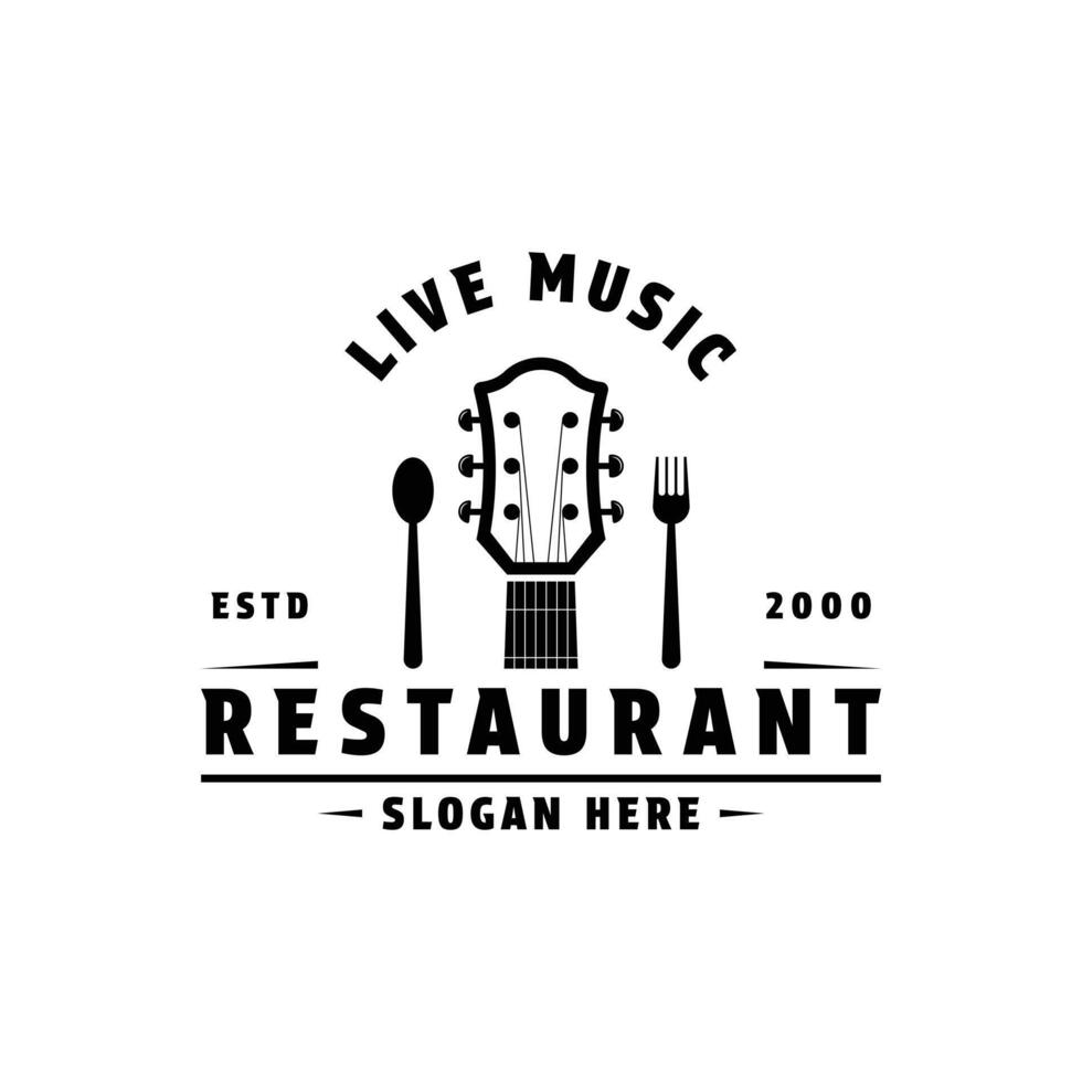 muziek leven restaurant logo ontwerp concept met gitaar vork en lepel icoon vector