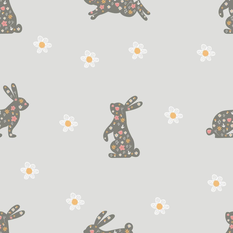 schattig konijnen versierd met bloemen naadloos patroon. kinderen behang voor pasen.grijs liefde konijn achtergrond vector