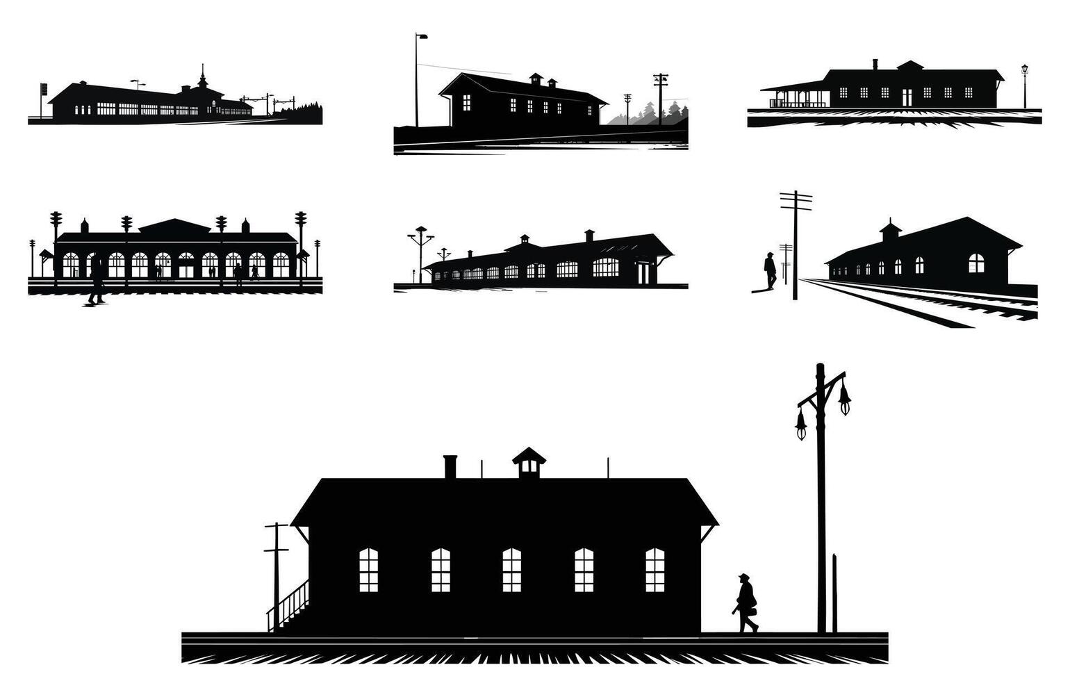 oud spoorweg station silhouet.trein station icoon vector, vector