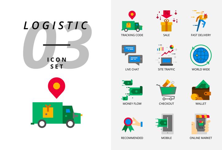 Icon pack voor e-commerce, trackingcode, verkoop, snelle levering, geldstroom, afrekenen, portemonnee, live chat, siteverkeer, wereldwijd, mobiel, online markt. vector