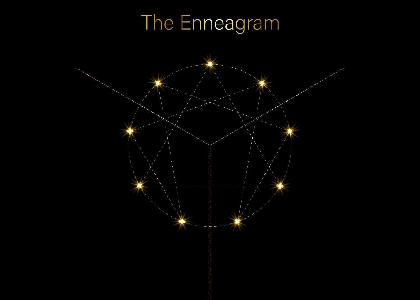 enneagram pictogram, gouden luxe heilige geometrie, diagram logo sjabloon, één tot negen met betrekking tot de negen soorten persoonlijkheid, gouden stippellijn stijl vectorillustratie geïsoleerd op zwarte achtergrond vector
