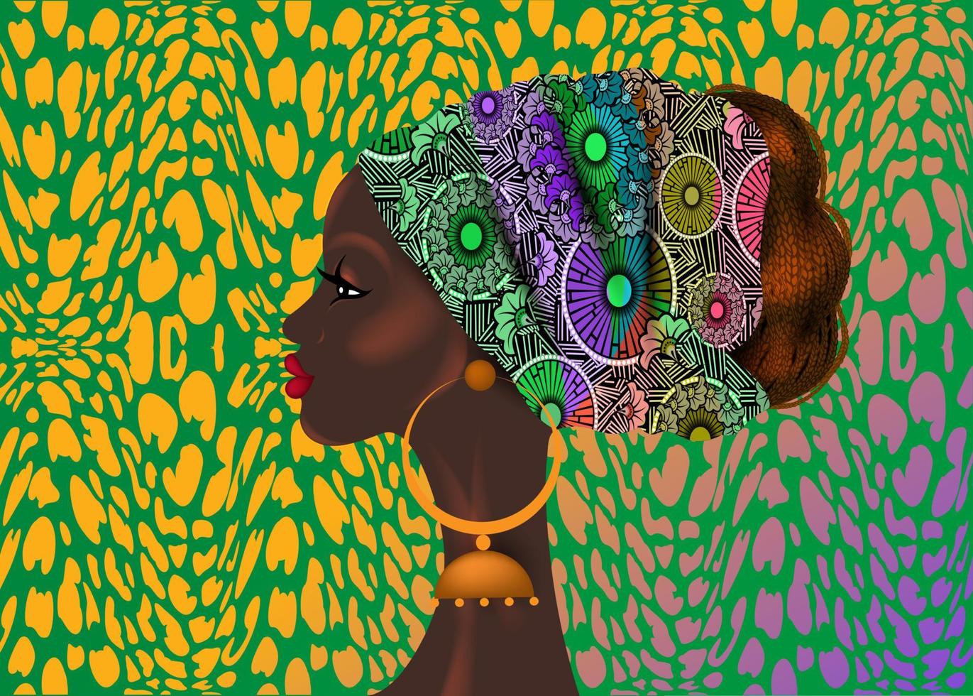 afro kapsel, mooi portret afrikaanse vrouw in wax print stof tulband, diversiteit concept. zwarte koningin, etnische hoofdband voor afro-vlechten en kinky krullend haar vector geïsoleerd op kleurrijke achtergrond