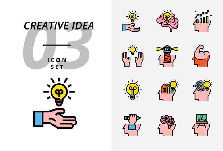Icon pack voor creatief idee, brainstorm, idee, creatief, lamp, wetenschap, pen, potlood, bedrijf, grafiek, huis, doel, lening, sleutel, raket, hersenen. vector