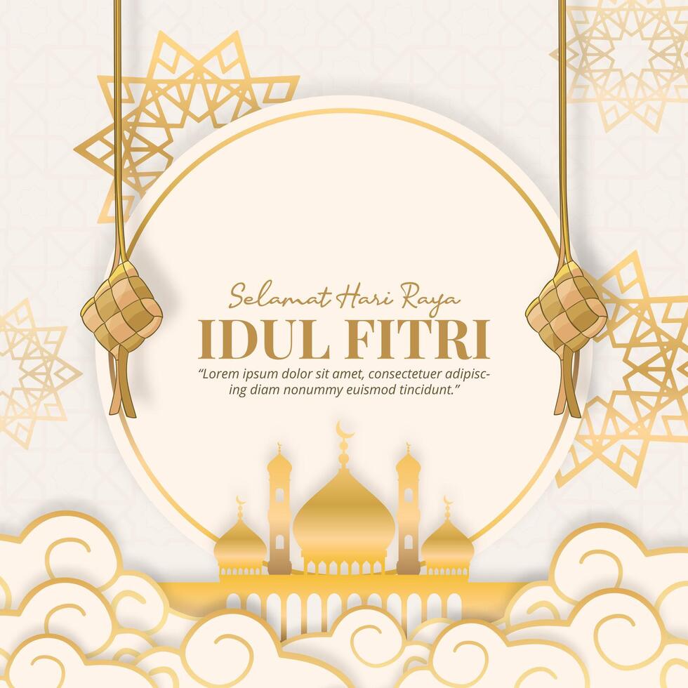 selamat hari raya idul fitri of gelukkig eid al fitr achtergrond met ketupat en moskee vector
