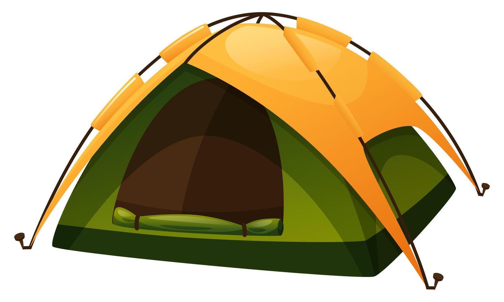 vector illustratie van een tent voor camping, expeditie, zomer kamp. de tent is in groen en geel, Open en ontvouwd. tent voor hiking, vissen, jacht- Aan een wit achtergrond. wandelen apparatuur.