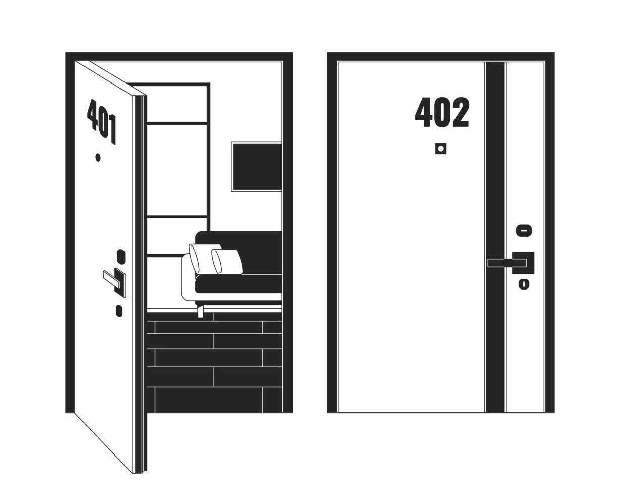 appartement gebouw gang zwart en wit 2d lijn tekenfilm voorwerp. buurman flats deuren geïsoleerd vector schets item. leven in meerdere verdiepingen flat Ingang hotel monochromatisch vlak plek illustratie