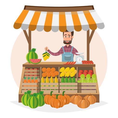Boerderij winkel. Lokale markt. Fruit en groenten verkopen. bedrijfseigenaar die in zijn eigen winkel werkt. vector