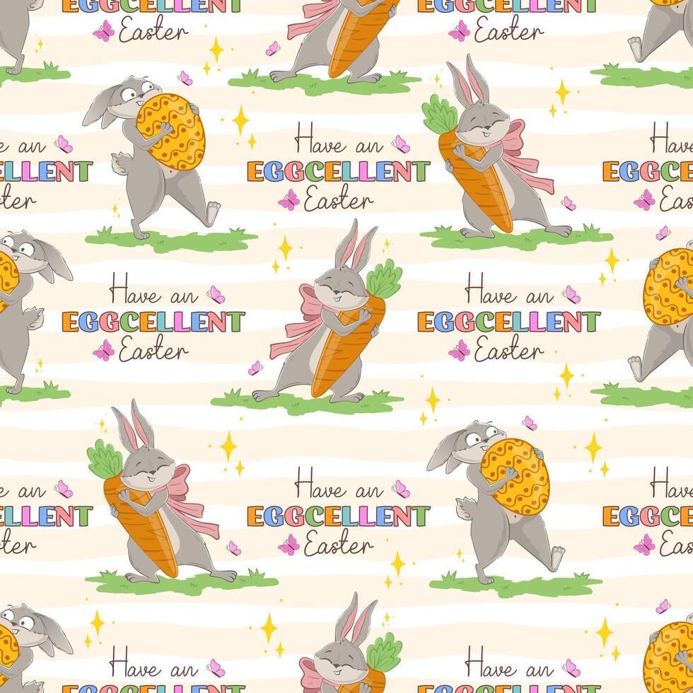 naadloos patroon met grappig vrolijk konijntjes met reusachtig Pasen eieren en wortel, hebben een eicelent Pasen woordspeling inscriptie. voorjaar karakter omhulsel papier klaar herhaling sjabloon vector
