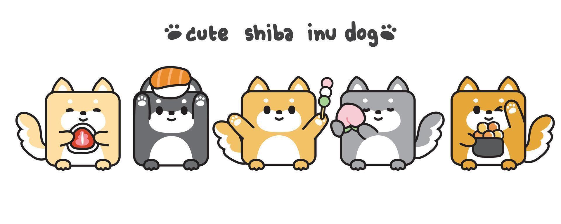 reeks van shiba inu hond in plein vorm met voedsel in divers poses.japans huisdier dier karakter ontwerp.dessert en zoet van japan.kawaii.vector.illustratie. vector