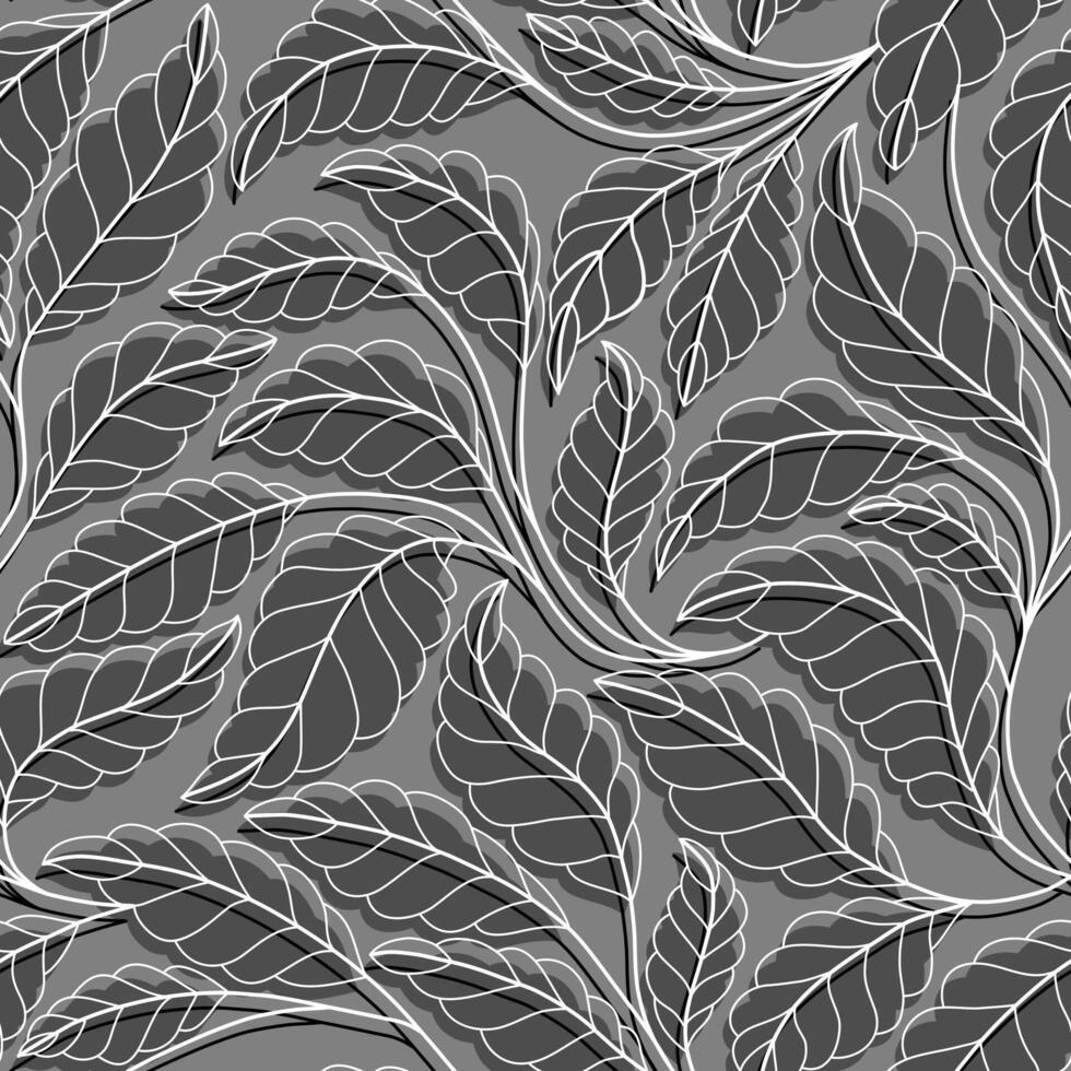 bloemen naadloos patroon met gestileerde takken en bladeren. gebogen lijnen takken bladeren. wit lijnen e grijs achtergrond. vector