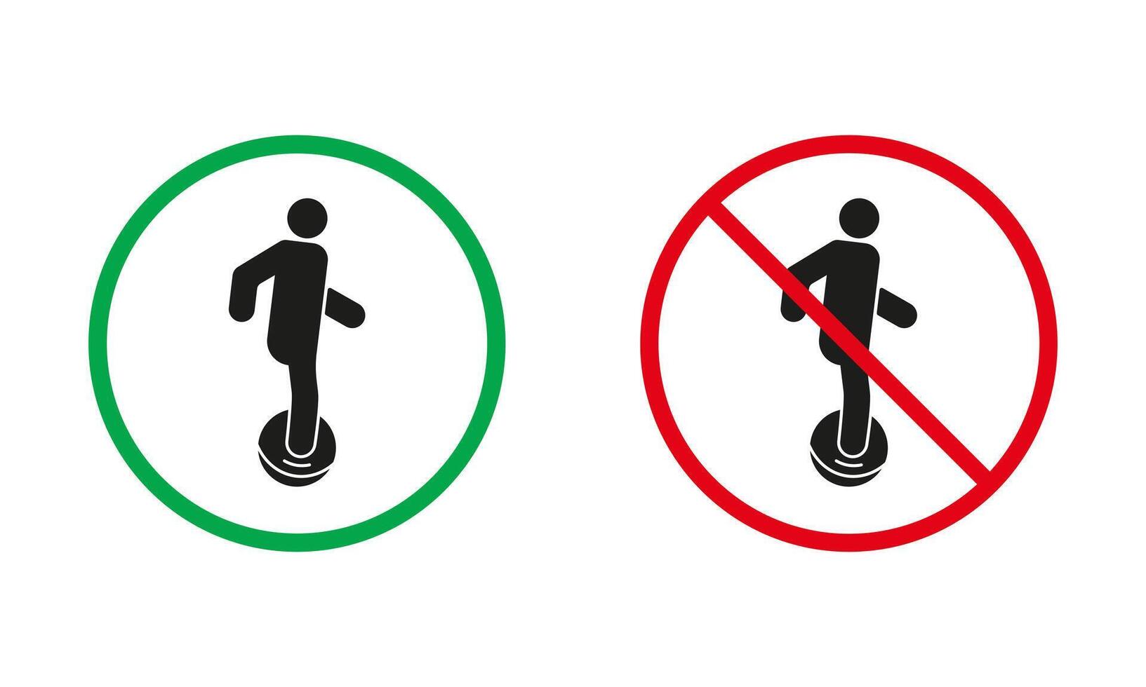 hoverboard, scooter, monowiel waarschuwing teken set. elektrisch eenwieler toegestaan en verbieden silhouet pictogrammen. gyro scooter rood en groen cirkel symbool. geïsoleerd vector illustratie