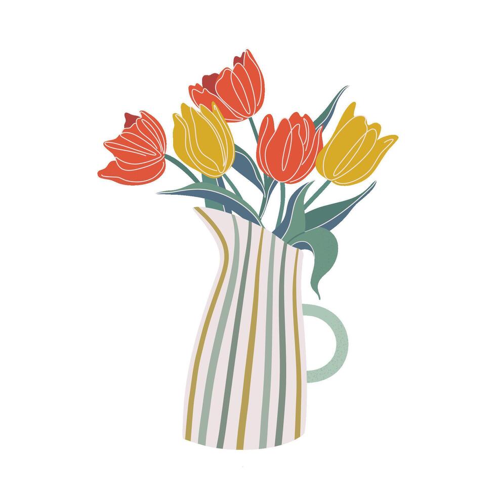 tulp bloem bundel in vaas. vers besnoeiing bloeit, bloemen planten boeket in werper. mooi voorjaar poesje, tulpen regeling. vlak stijl vector illustratie met modern texturen.