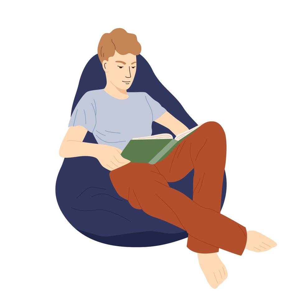 leesman Aan fauteuil. jongen zittend Aan fauteuil met boek. vector schattig vlak illustratie geïsoleerd Aan wit achtergrond.