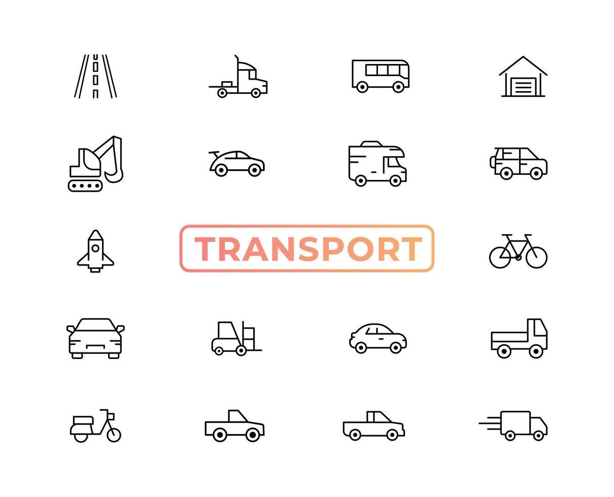 transport-, voertuig- en leveringselementen - minimale dunne lijn web icon set. overzicht iconen collectie. eenvoudige vectorillustratie. vector