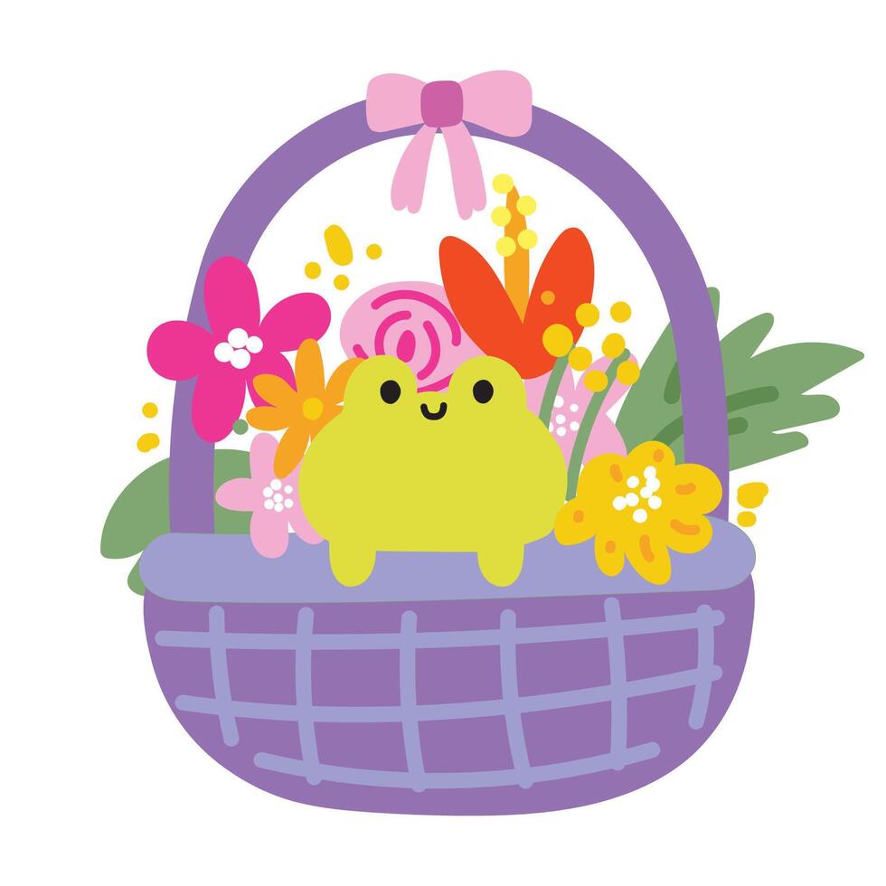 schattig kikker lijn hand- getrokken stijl blijven in picknick mand met bloem.lente tijd seizoen.bloemen.bloei.reptiel dier karakter tekenfilm ontwerp.baby grafische.kawaii.vector.illustratie. vector