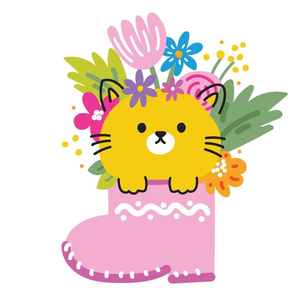 schattig kat lijn hand- getrokken stijl blijven in laarzen met bloem.lente.bloemen.natuur.pet dier karakter tekenfilm ontwerp.meow.kitten.baby grafische.kawaii.vector.illustratie. vector