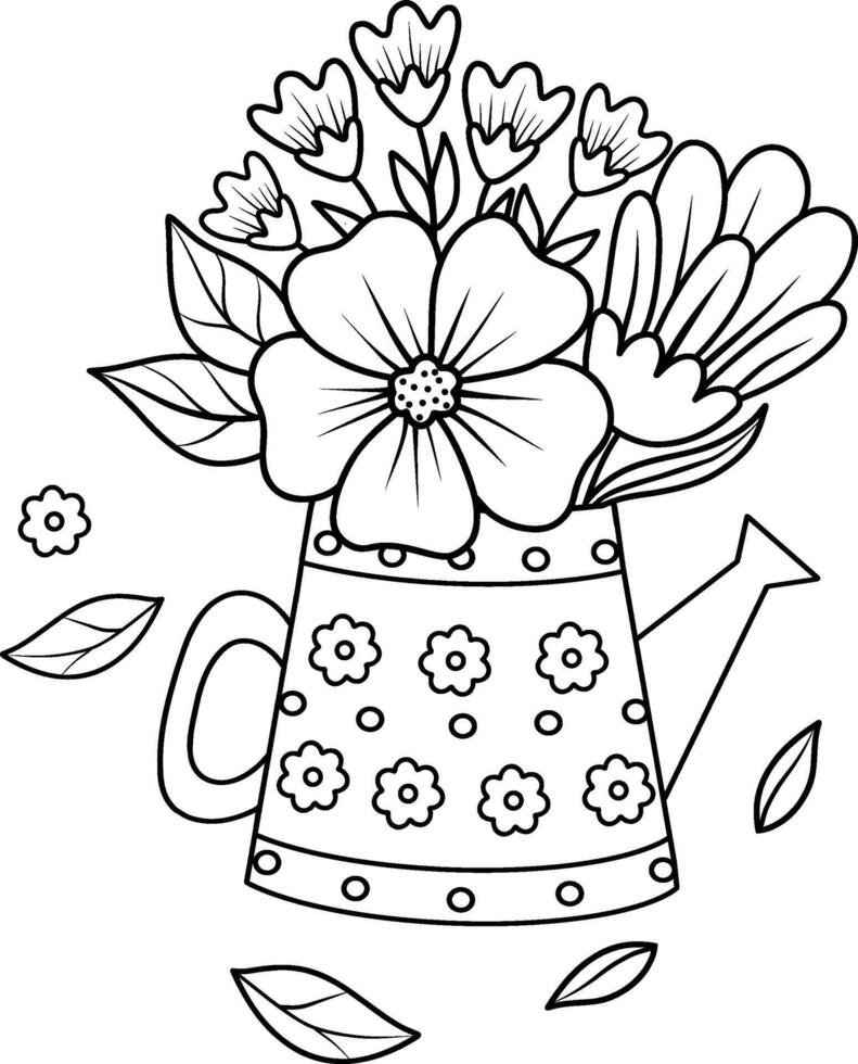 vector illustratie van een gieter kan in de het formulier van een vaas met bloemen, tulpen, madeliefjes, pioenrozen, hortensia's. een zwart en wit schets. seizoensgebonden illustratie van voorjaar bloemen voor tuinieren, clipart