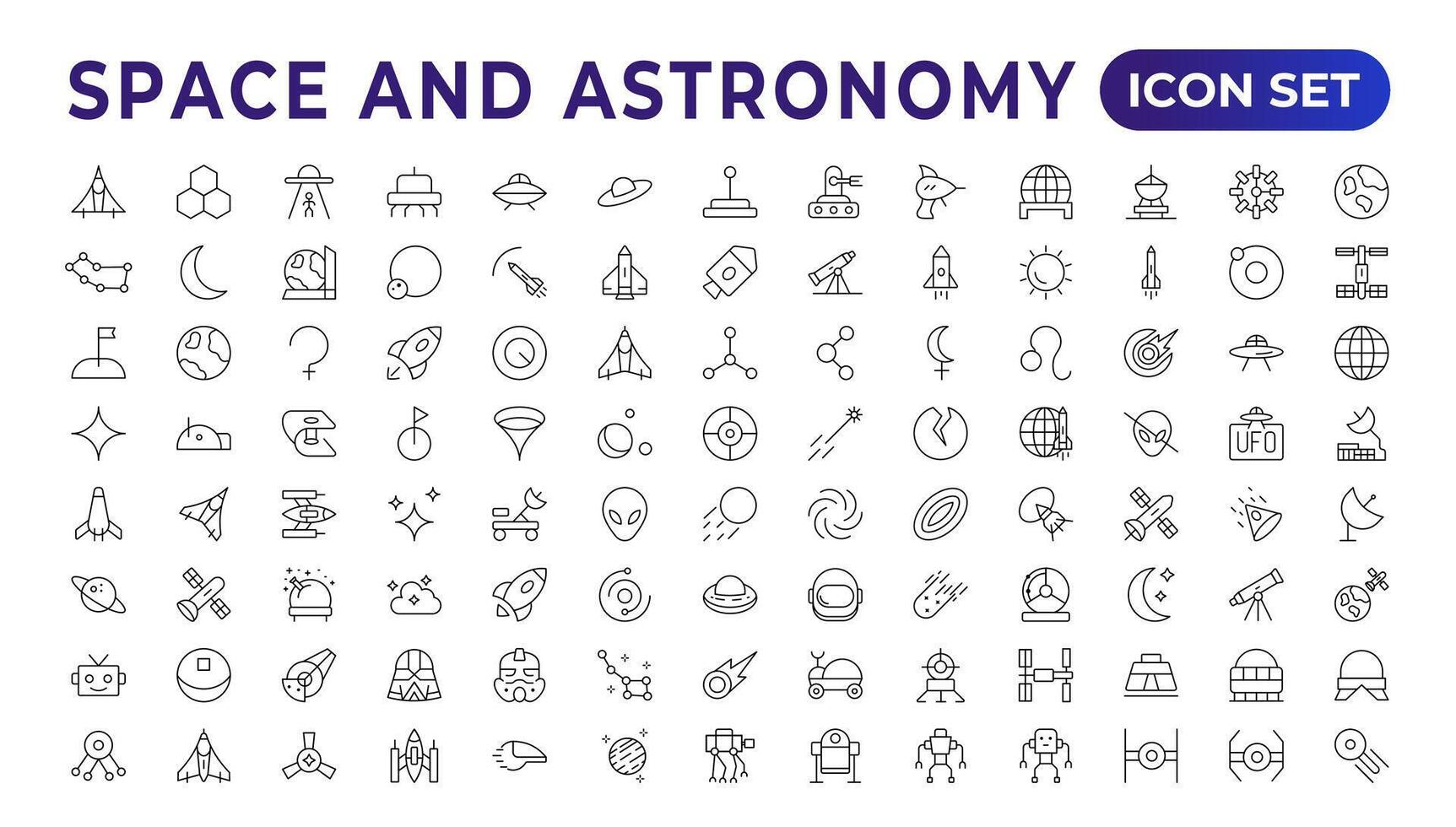 astronomie icoon set. met satellieten, de universum, astronauten, raket, komeet, telescopen, en planeet pictogrammen.ruimte vector lijn pictogrammen, dun lijn stijl. bevat zo pictogrammen net zo ruimte, planeten, buitenaards wezen,