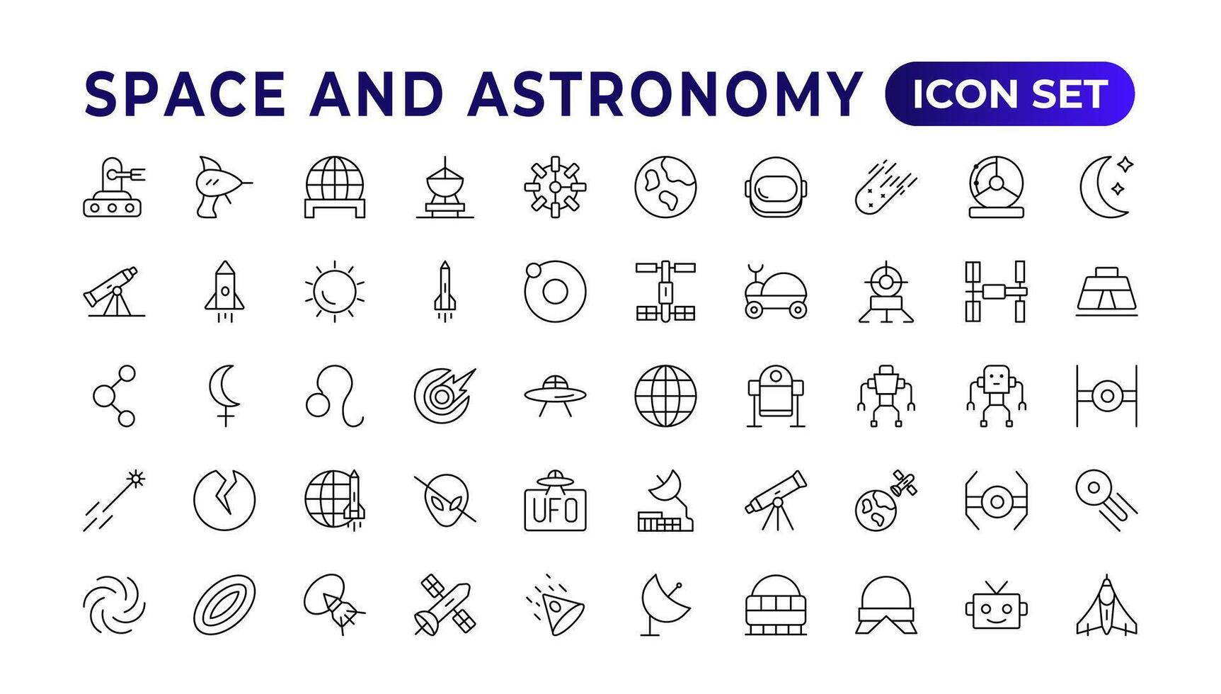 astronomie icoon set. met satellieten, de universum, astronauten, raket, komeet, telescopen, en planeet pictogrammen.ruimte vector lijn pictogrammen, dun lijn stijl. bevat zo pictogrammen net zo ruimte, planeten, buitenaards wezen,