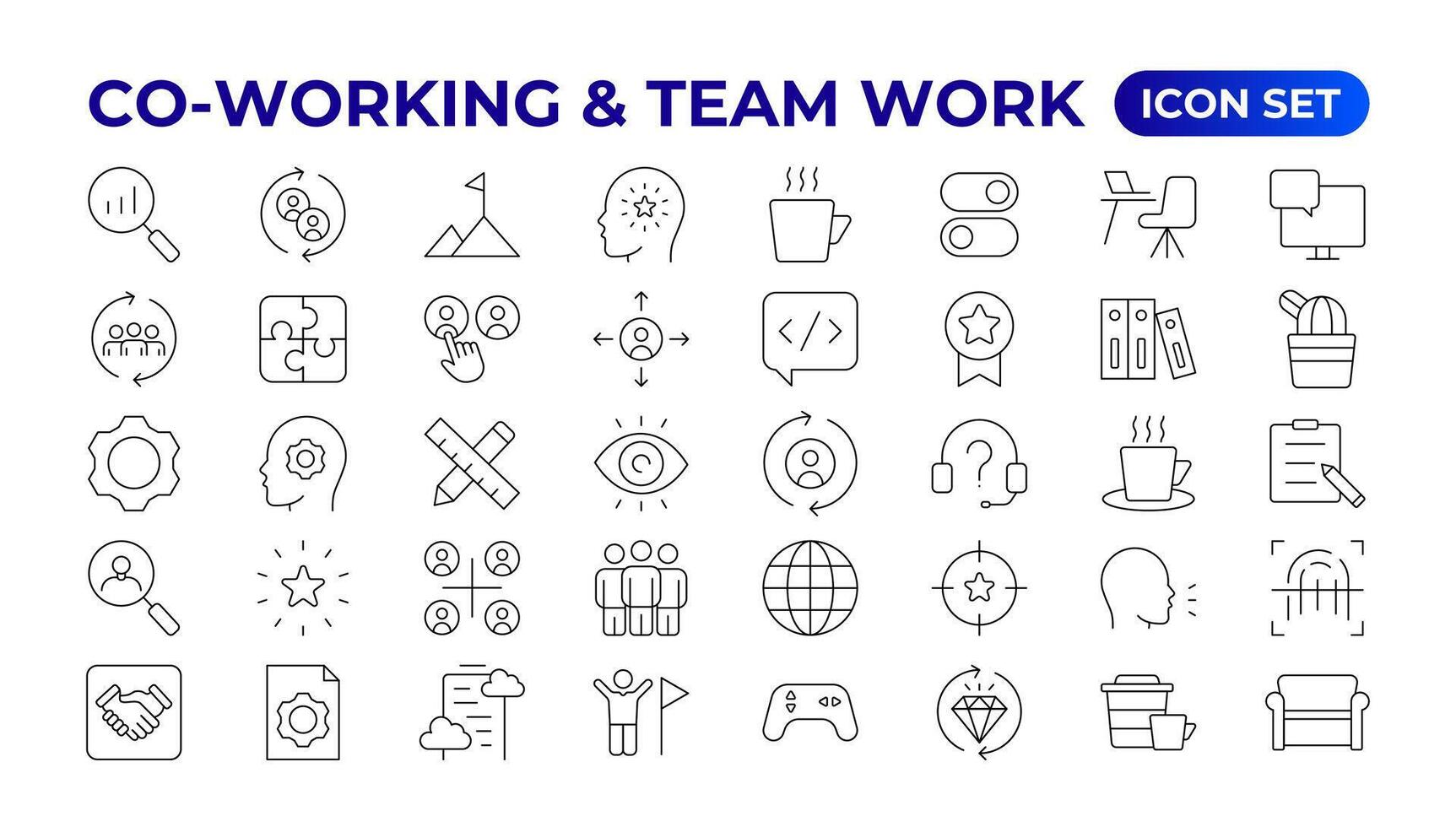 samenwerken en teamwerk.kantoor en coworking lineair pictogrammen verzameling. reeks van coworking ruimte pictogrammen.zaken teamwerk, team gebouw, werk groep, en menselijk middelen minimaal dun lijn web icoon set. vector