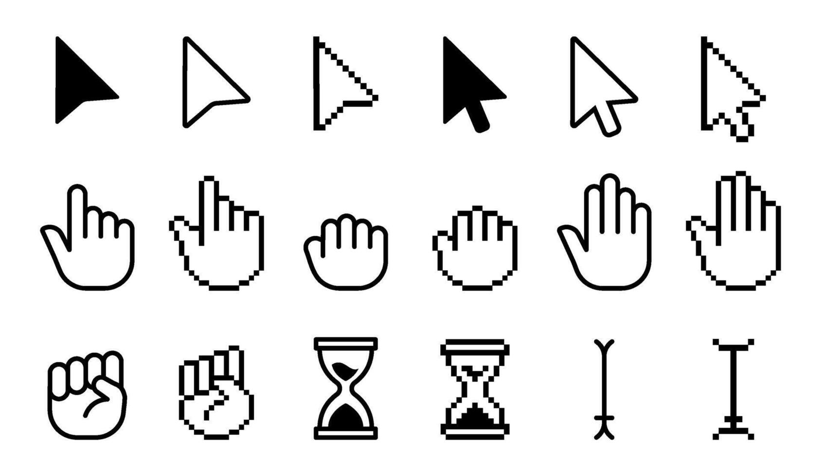 wijzer cursor pictogrammen. computer web pijlen muis cursors en klikken lijn wijzer cursor selecteren. pixel hand- vector geïsoleerd reeks